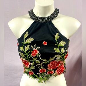 Adult XXS Floral Mesh Gem Neck Halter Top With Padding, No Brand, Party top!